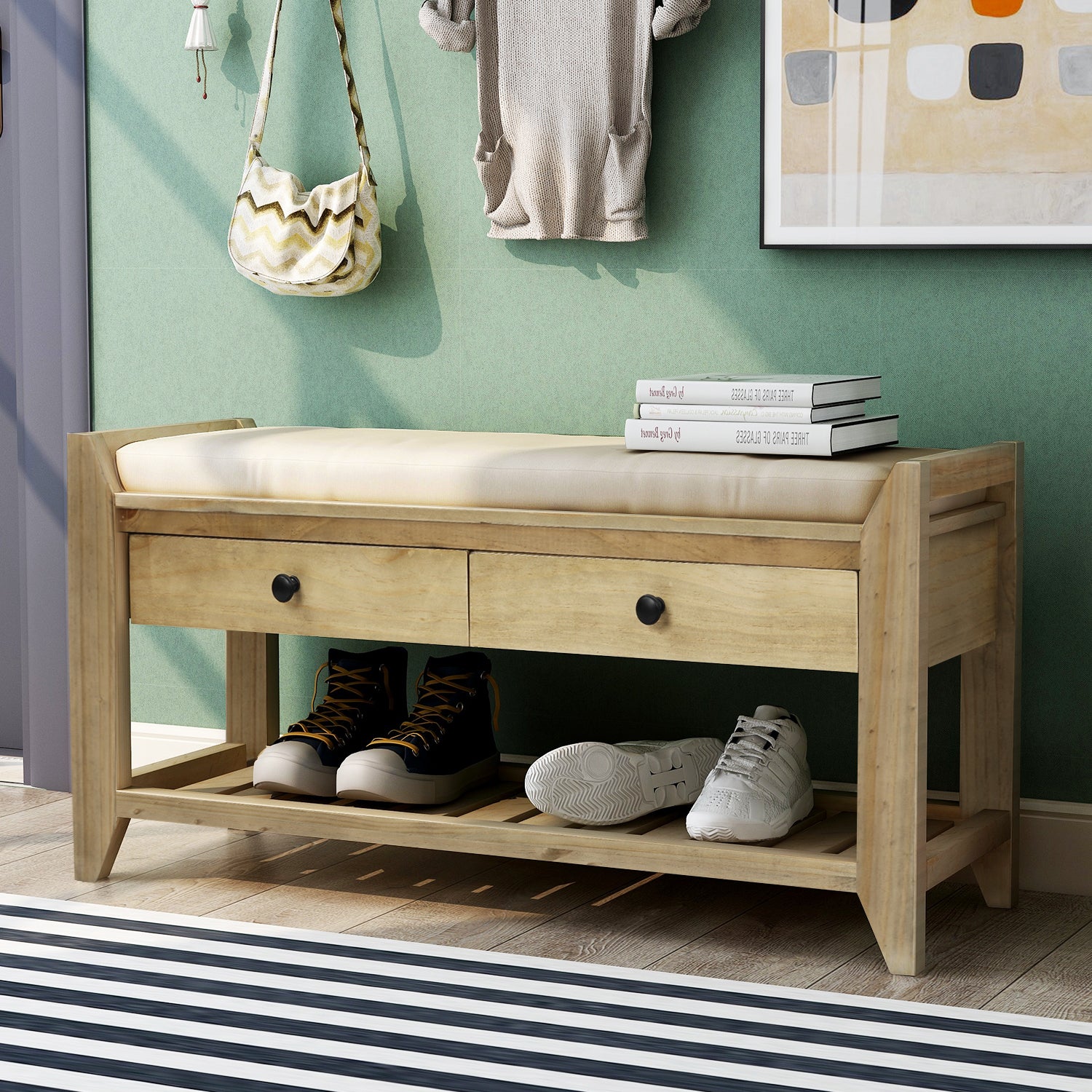 TREXM Entryway Storage Bench with Shoe Rack - Gray Wash