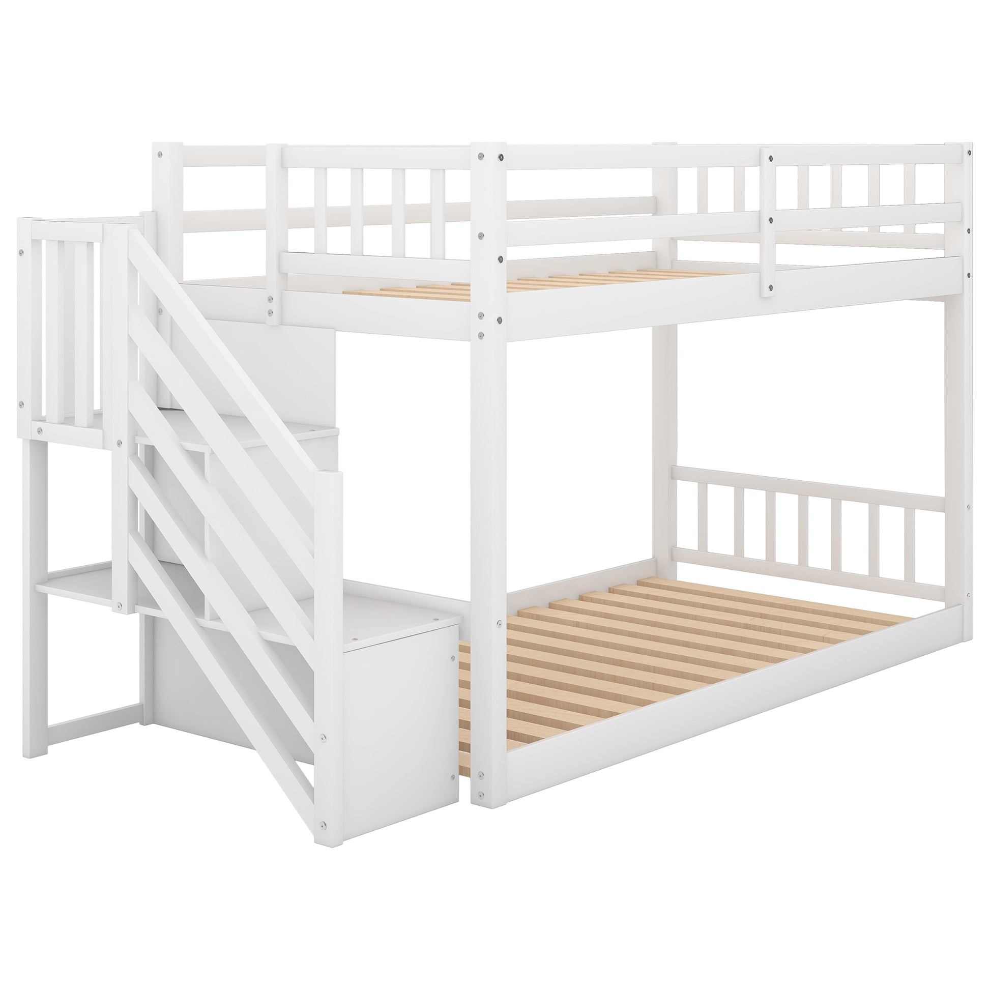 WM Store Twin over Twin Floor Bunk Bed, Ladder with Storage, White