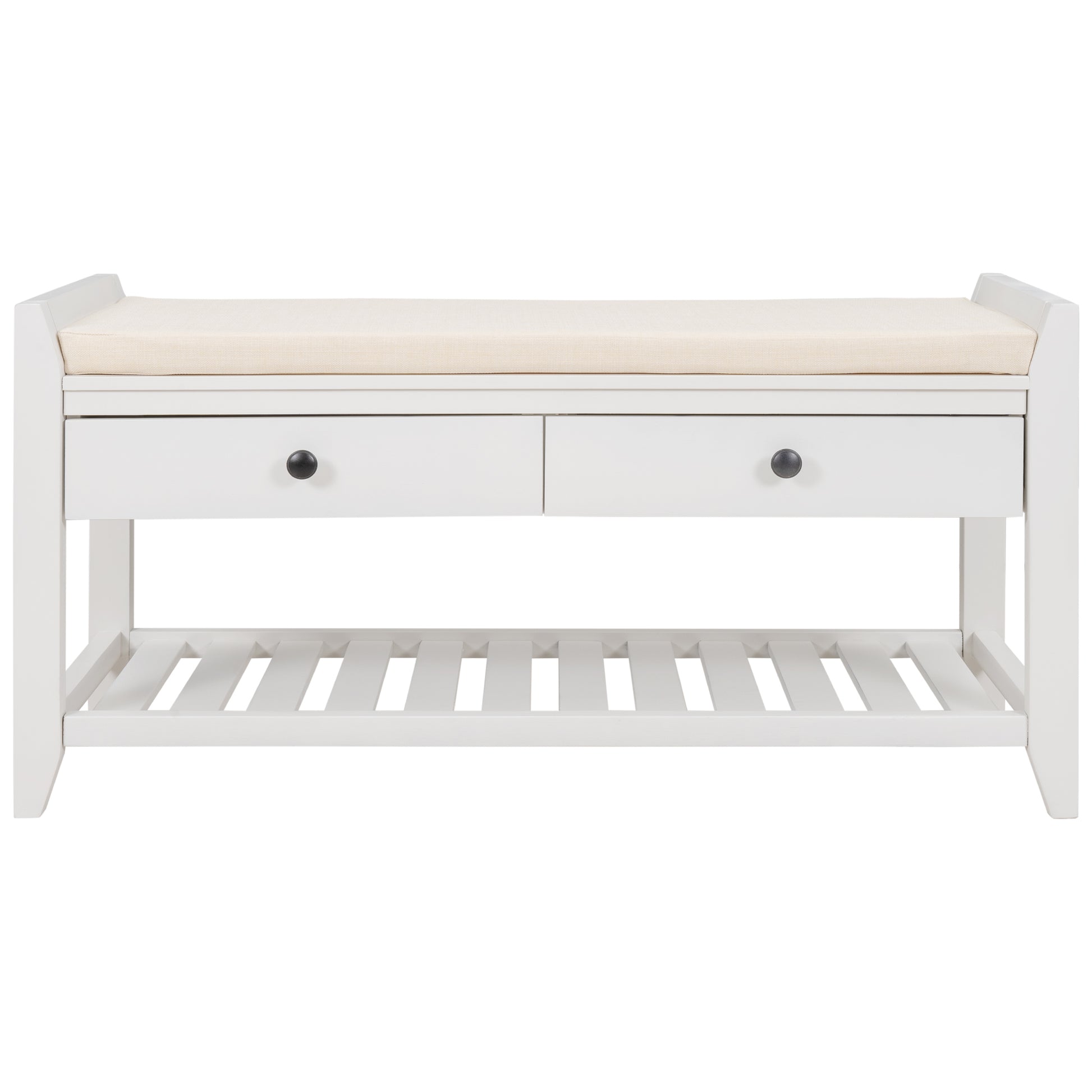 TREXM Entryway Storage Bench with Shoe Rack - White