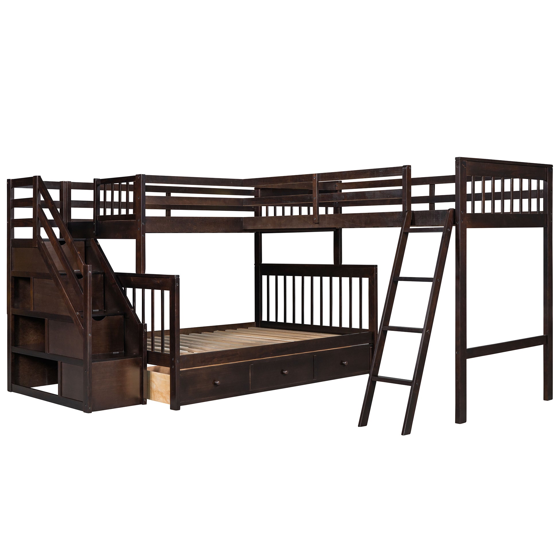 Twin over Full L-Shaped Bunk Bed With 3 Drawers, Ladder and Staircase - Espresso