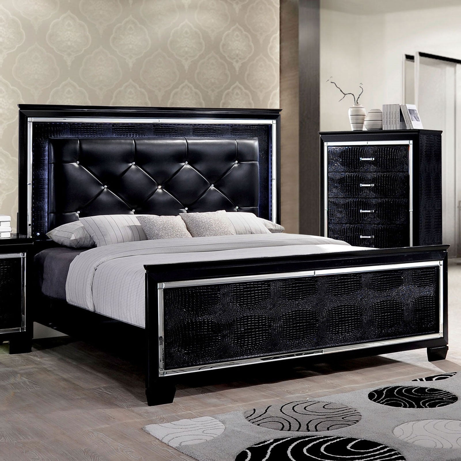 Bellanova Black Tufted King Bed w- LED Lighting