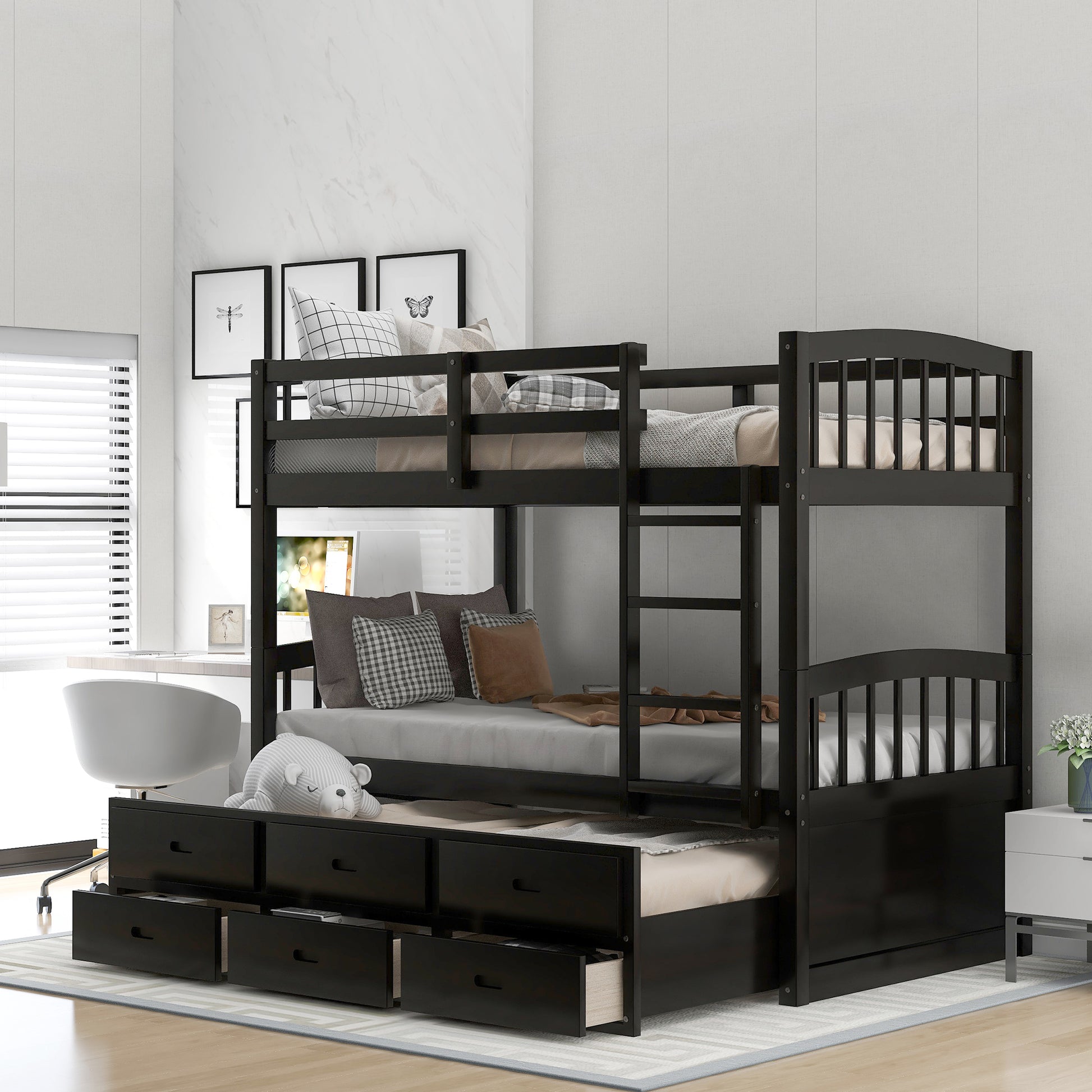 Jensen Twin over Twin Wood Bunk Bed with Trundle and Drawers, Espresso