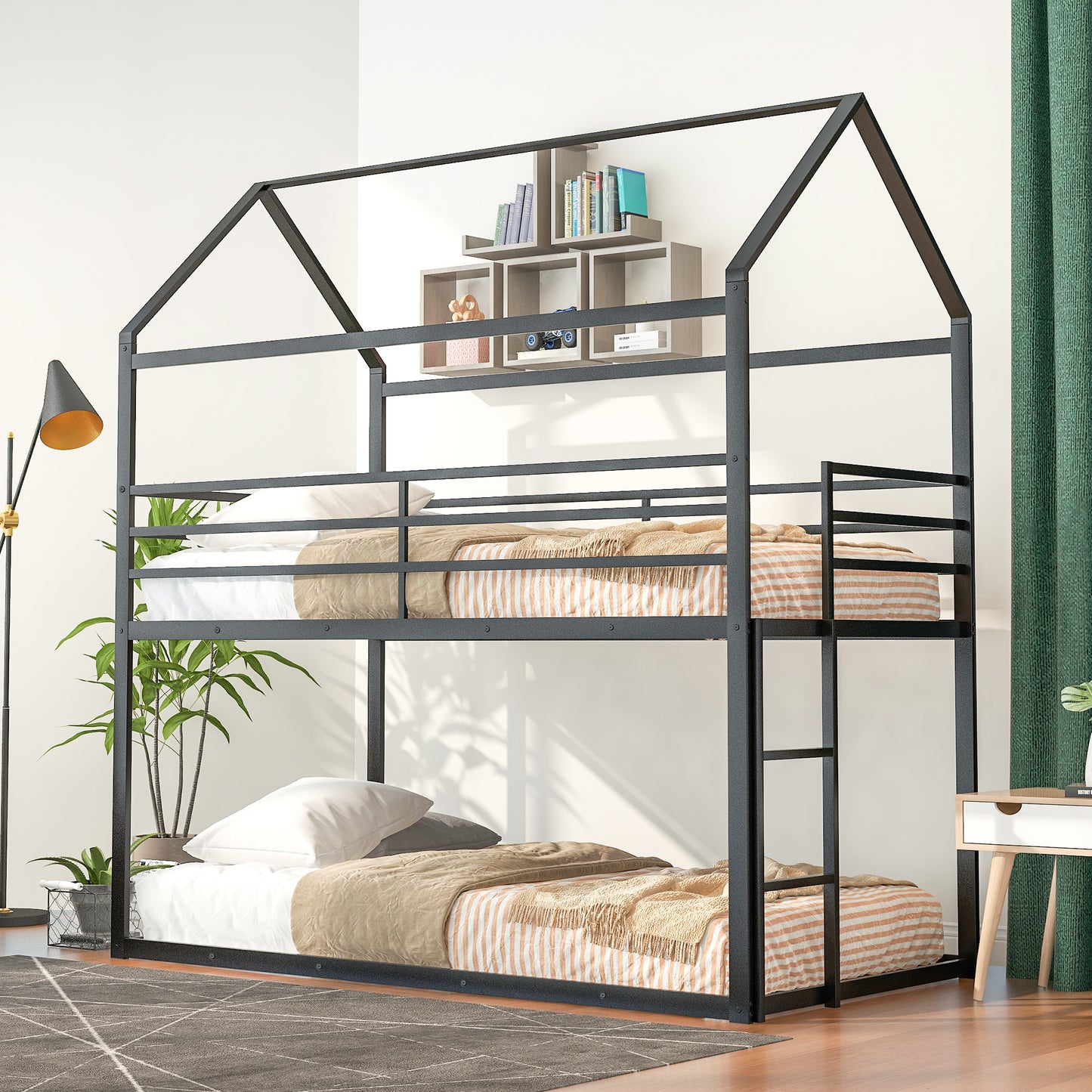 Homey Life Twin over Twin Black Metal House Theme Bunk Bed