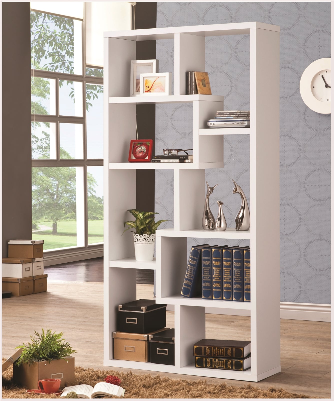 Theo Geometric Design 10-Shelf Bookcase in White