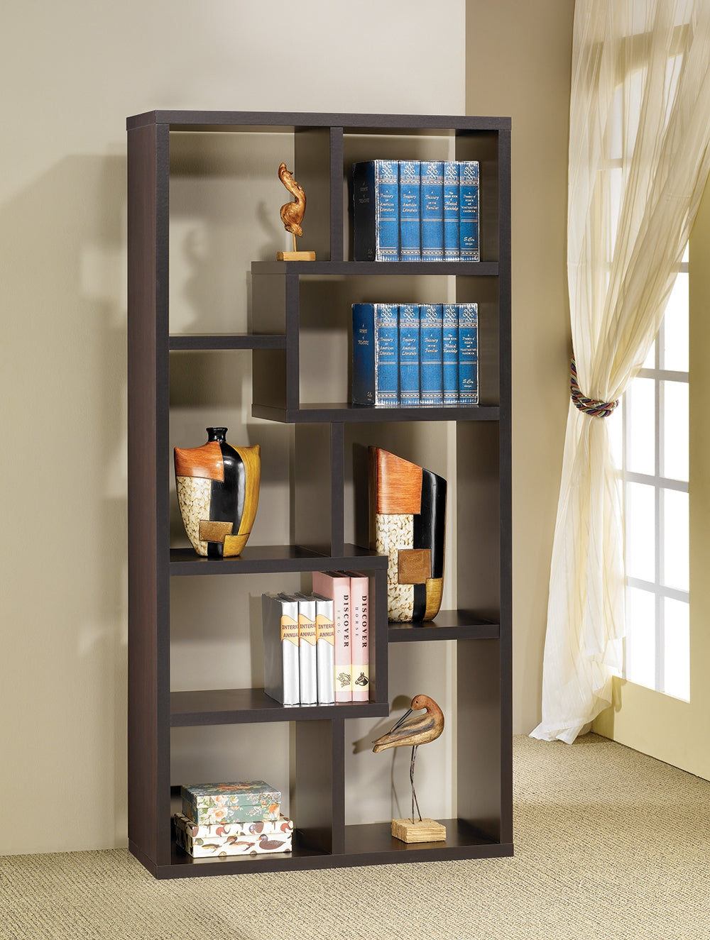 Theo Geometric Design 10-Shelf Bookcase in Cappuccino