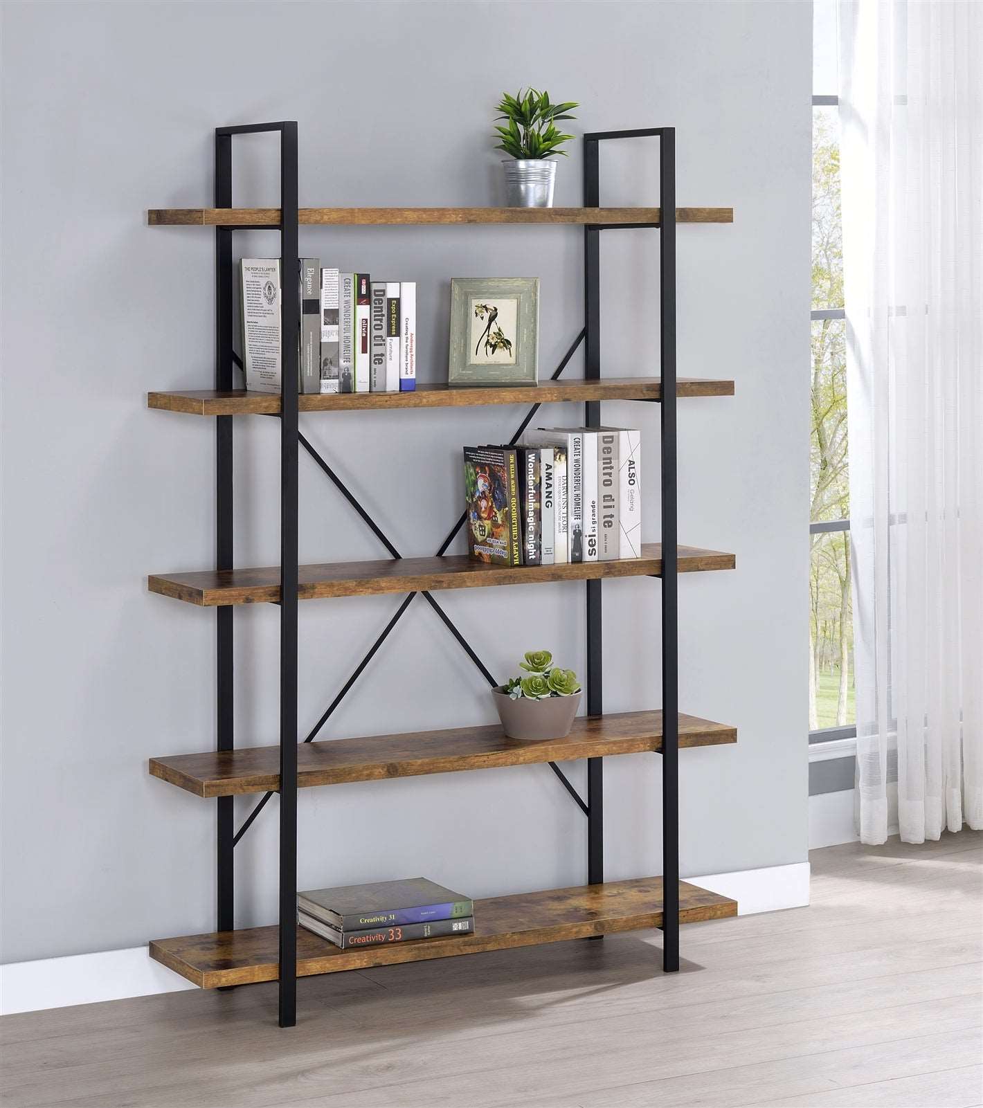 5-Shelf Bookcase Antique Nutmeg And Black