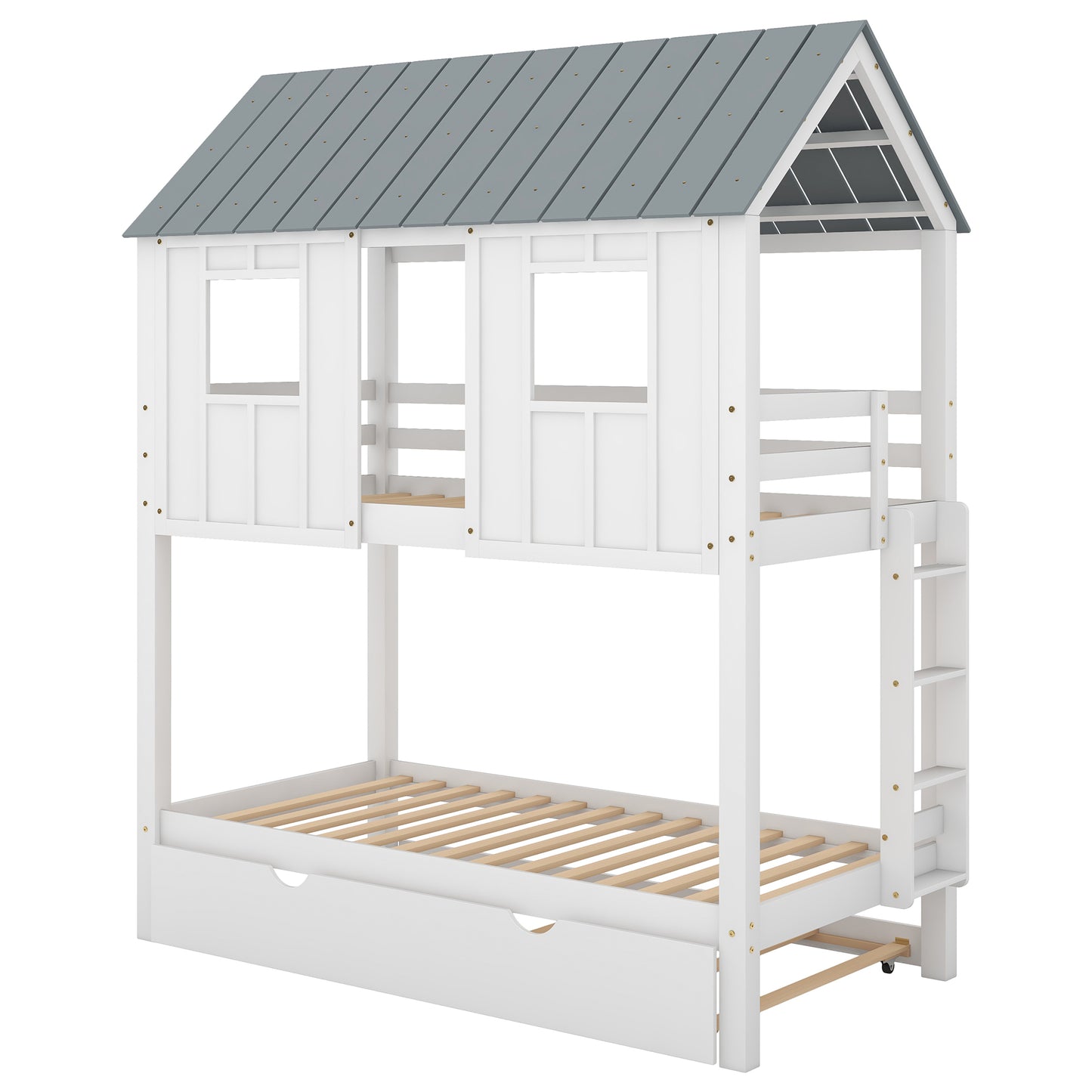 WM Store House Bunk Bed with Trundle,Roof and Windows,White