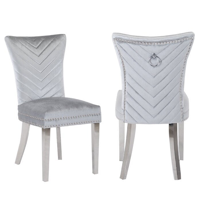 Eva Transitional Velvet Dining Chair with Stainless Steel Legs in Silver Set of 2