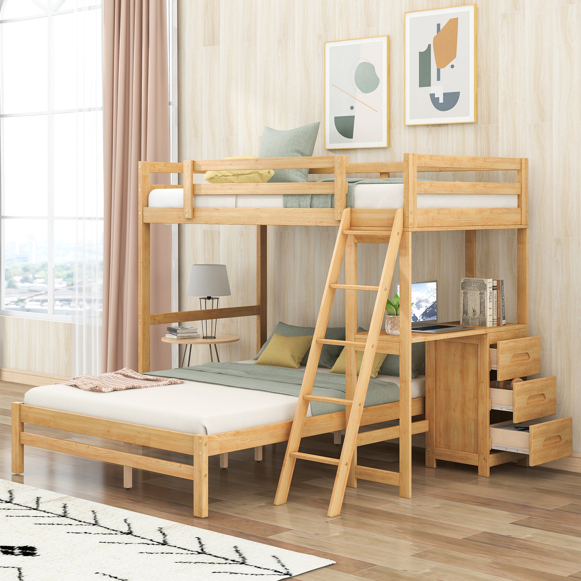 WM Store Twin over Full Bunk Bed with Built-in Desk and Three Drawers,Natural