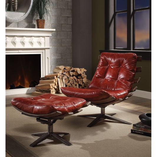 ACME Gandy Chair & Ottoman 2Pc Pk in Antique Red Top Grain Leather 59531