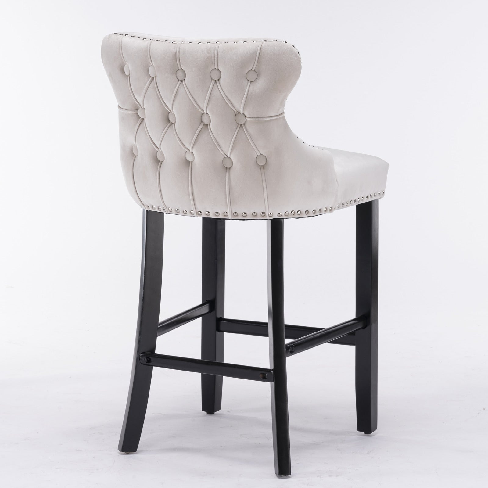 Contemporary Beige Velvet Upholstered Wing-Back Counter Height with Button Tufted Decoration and Wooden Legs Set of 2