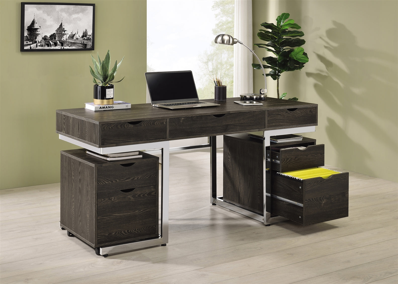 Noorvik Modern 3pc Writing Desk & File Cabinet in Dark Oak