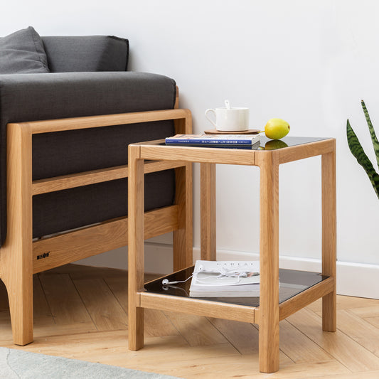 Natural Oak Wood End Table with Tempered Glass Top