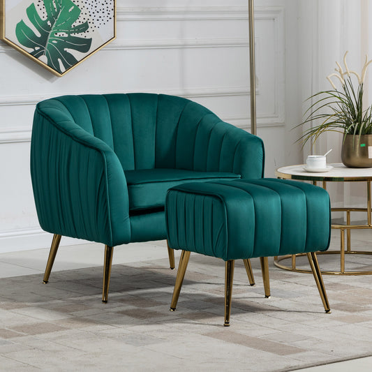 Velvet Accent Chair with Ottoman Set in Green