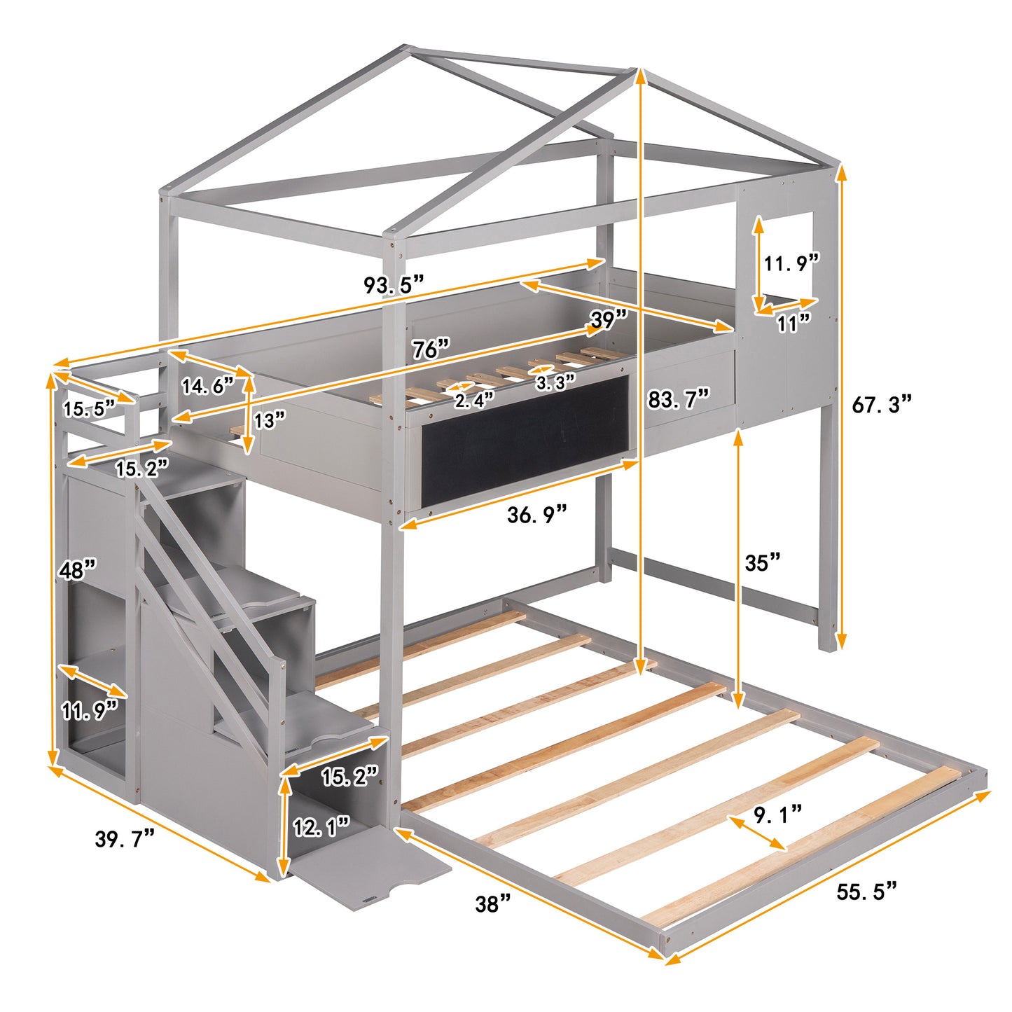 Twin over Full House Bunk Bed with Storage Staircase and Blackboard,Grey