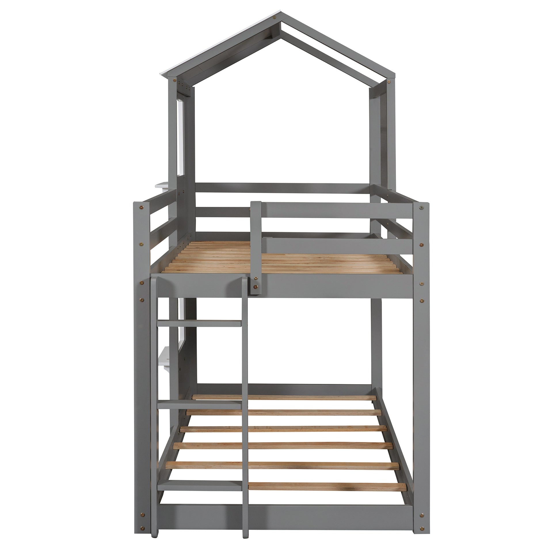 Homey Life Twin Over Twin Bunk Bed Wood Bed with Roof, Window, Guardrail, Ladder Gray & White