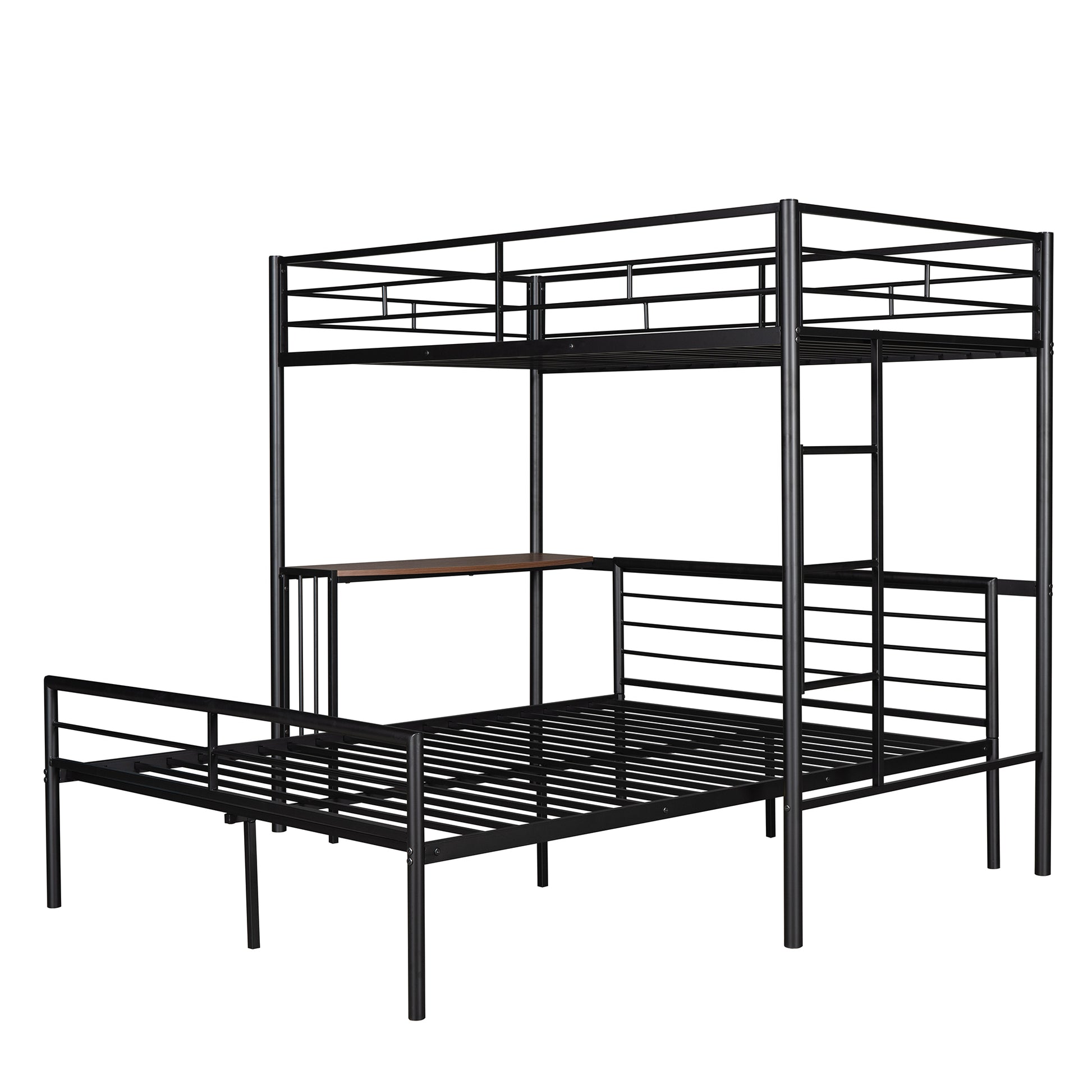 Homey Life Twin Over Full Metal Bunk Bed with Desk & Ladder in Black