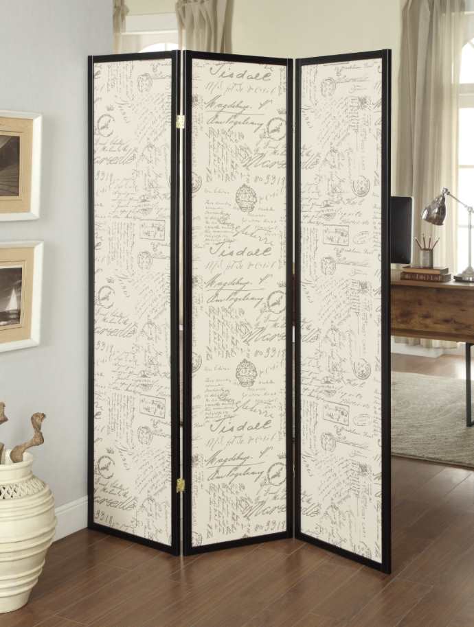 3-Panel French Script Print Folding Screen Espresso