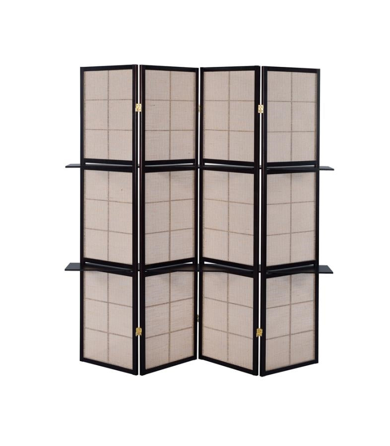 4-Panel Folding Screen With Removable Shelves Tan And Cappuccino