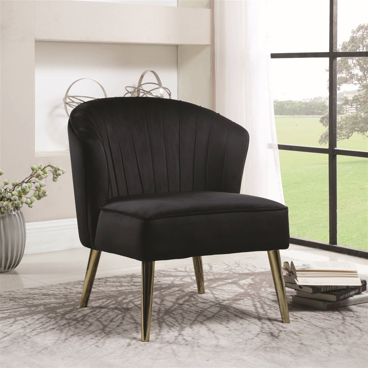 Shena Black Velvet Accent Chair with Brass Legs