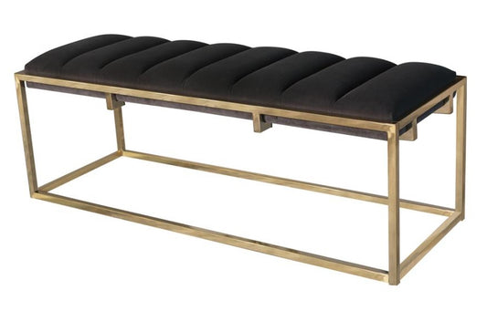 Dark Grey Velvet-Gold Finish Metal Bench