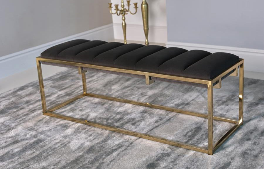 Dark Grey Velvet-Gold Finish Metal Bench