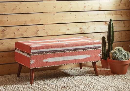 Upholstered Storage Bench Orange And Beige