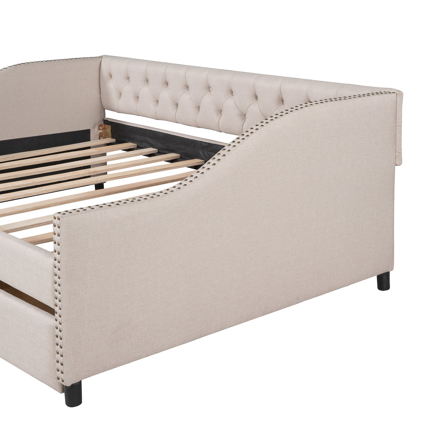 Upholstered daybed with Two Drawers, Wood Slat Support, Beige, Full Size