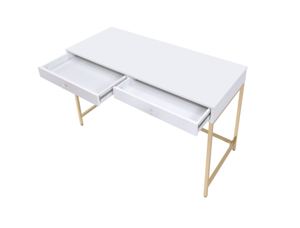 Ottey 2-Drawer Desk in Glossy White & Gold - ACME 92540