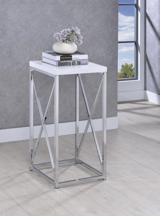 Accent Table With X-Cross Glossy White And Chrome