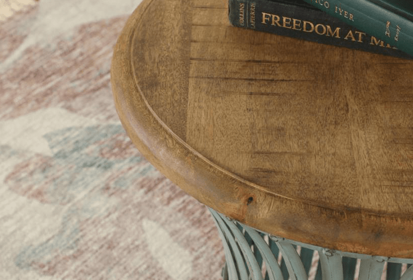 Round Accent Table with Natural Top and Blue Distressed Base