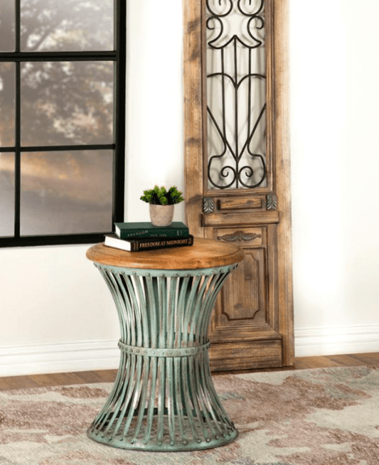 Round Accent Table with Natural Top and Blue Distressed Base