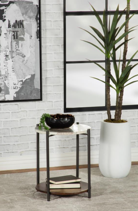 Round Accent Table with Marble Top White and Gunmetal