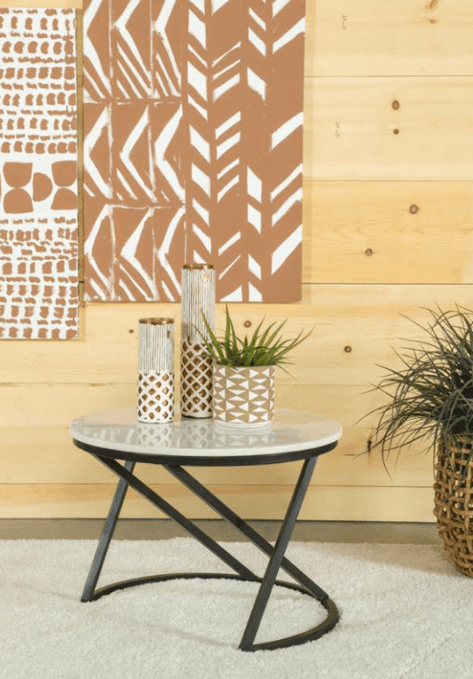 Round Accent Table with Marble Top White and Black