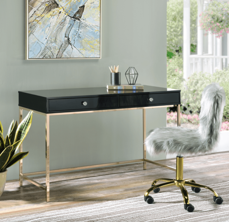 Ottey 2-Drawer Desk in Glossy Black & Gold - ACME 93540