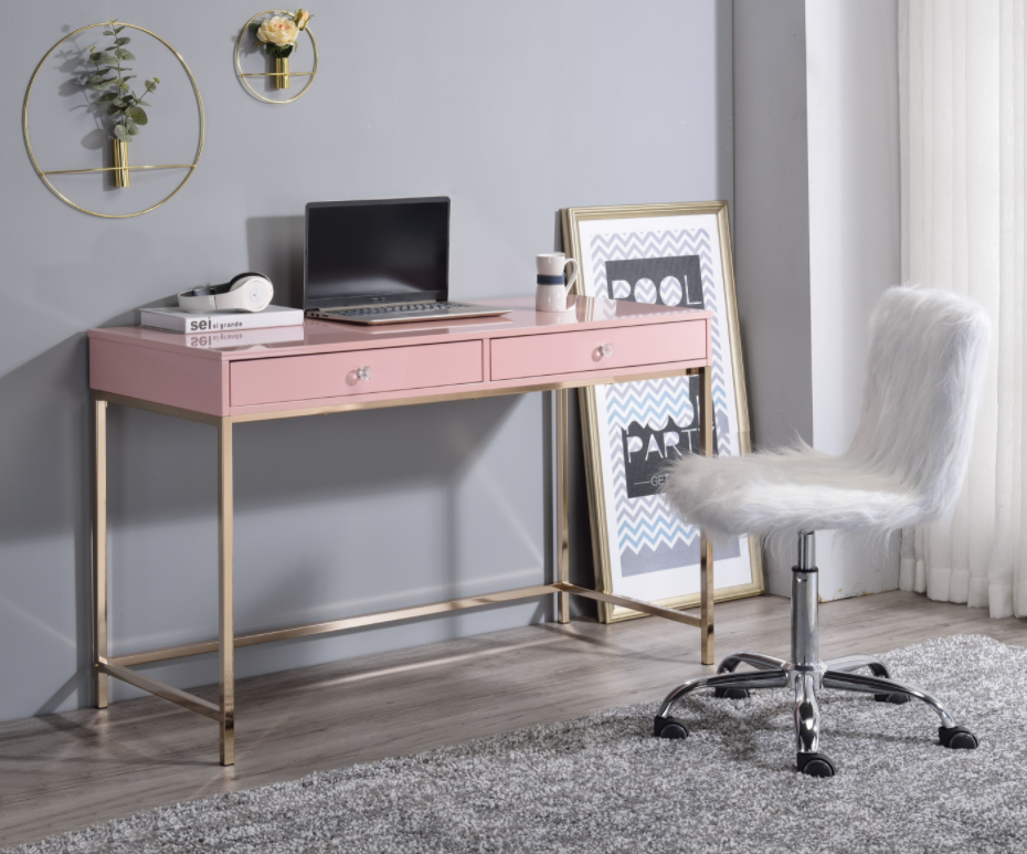 Ottey 2-Drawer Desk in Glossy Pink & Gold - ACME 93545