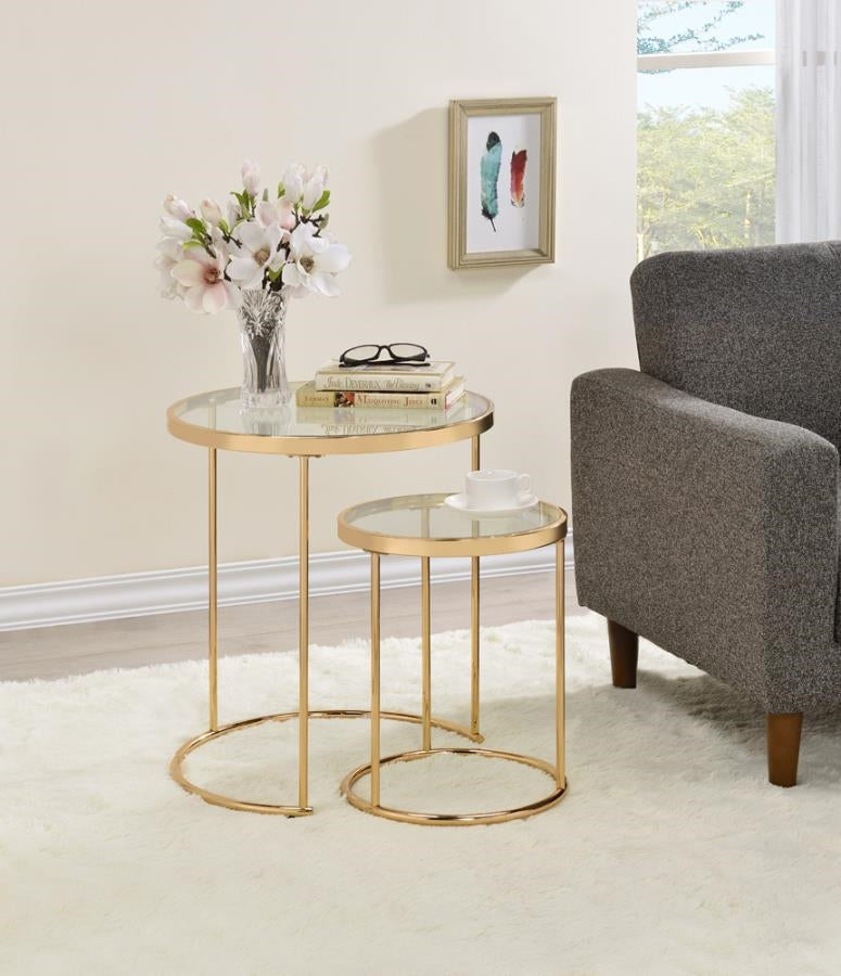 2-Piece Round Glass Top Nesting Tables Gold