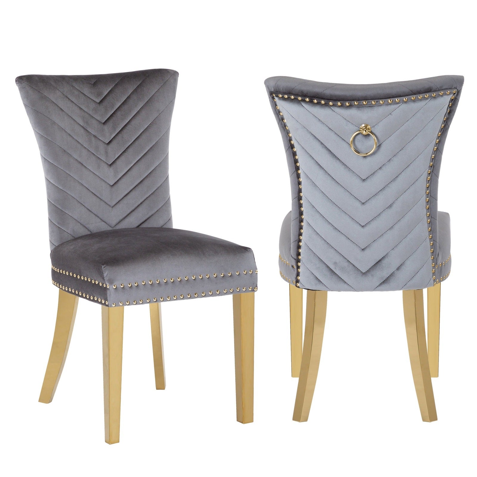 Eva Transitional Velvet Dining Chair with Gold Legs in Gray Set of 2