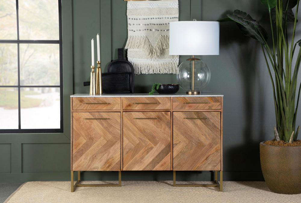 3-door Accent Cabinet with Marble Top Natural and Antique Gold