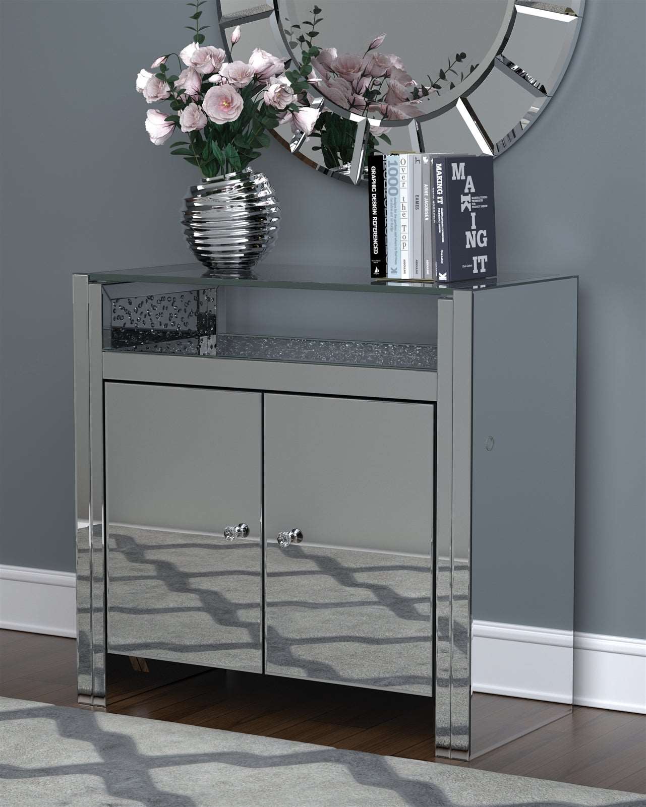 2-Door Accent Cabinet Clear Mirror And Silver