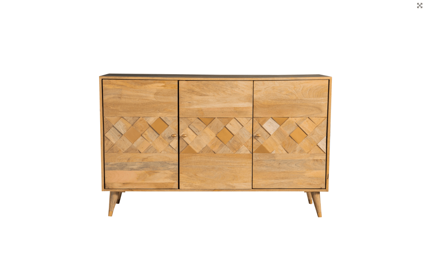 Solid Mango Wood Checkered Pattern 3-Door Accent Cabinet Natural