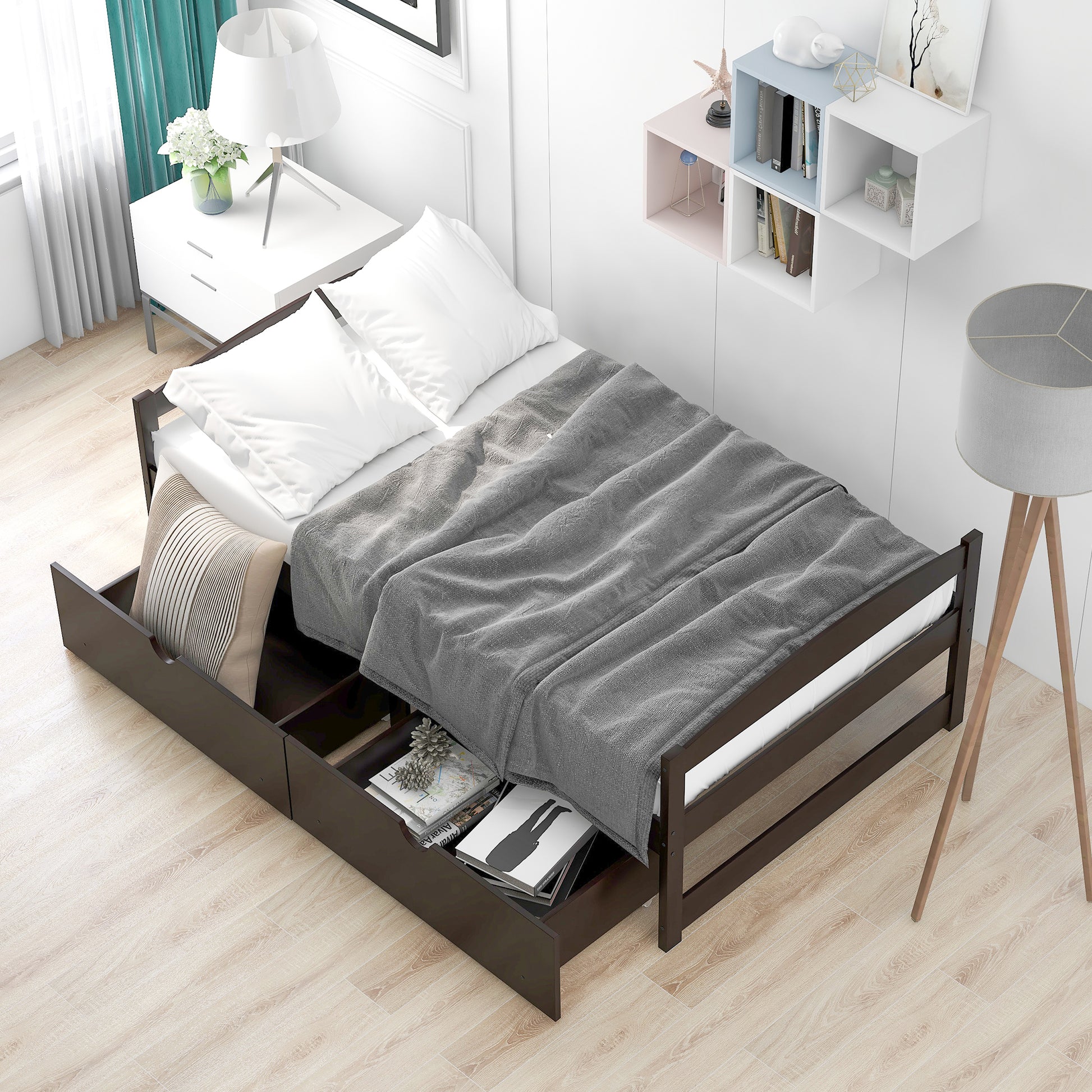 Twin size platform bed, with two drawers, espresso（New）