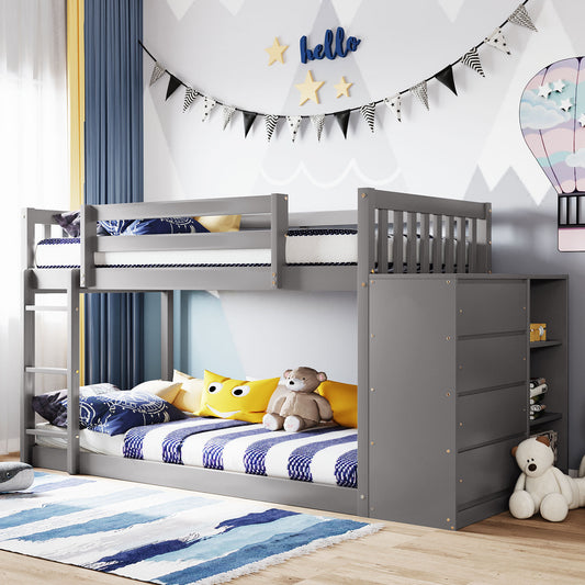 Twin over Twin Bunk Bed with 4 Drawers and 3 Shelves-Gray