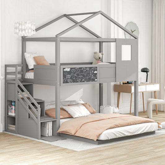 Twin over Full House Bunk Bed with Storage Staircase and Blackboard,Grey