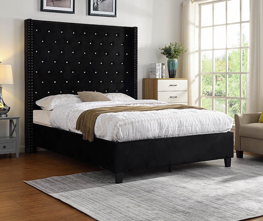 Mottley Glam Style Black Velvet Queen Bed - Charmax B8016