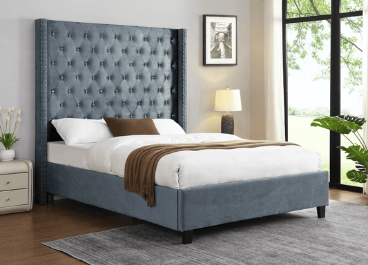 Mottley Glam Style Silver Velvet Queen Bed - Charmax B8016