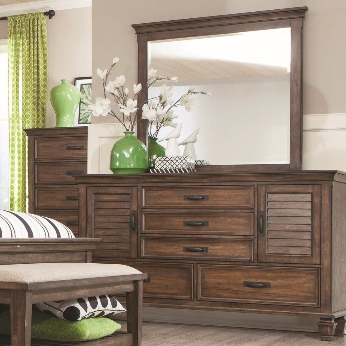 Franco Burnished Oak 5 Drawer Dresser With 2 Louvered Doors