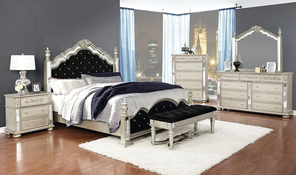 Dania Euro Glam Style Mirrored King Poster Bed w- Black Velvet Upholstered Headboard