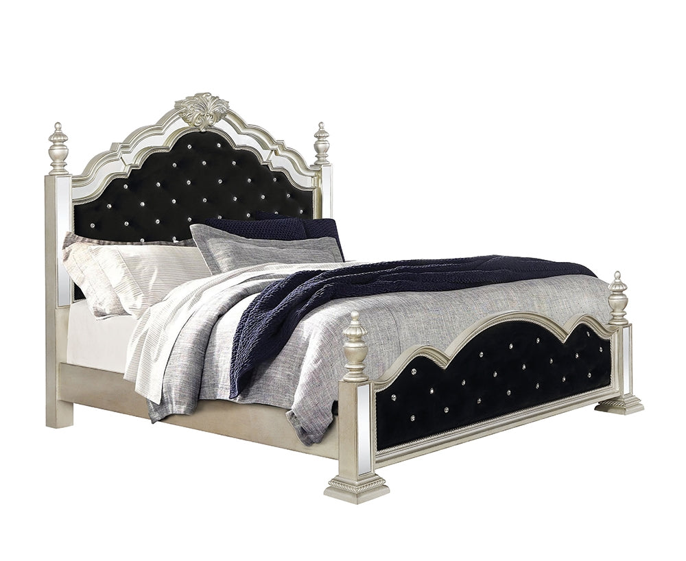 Dania Euro Glam Style Mirrored King Poster Bed w- Black Velvet Upholstered Headboard