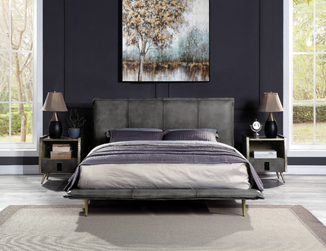 Metis Modern Industrial King Bed in Gray Leather